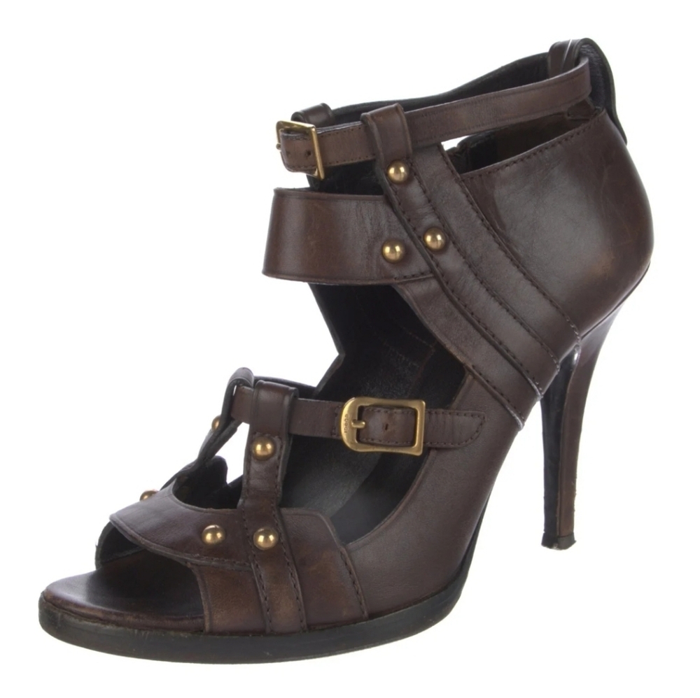 Gucci Leather Pumps 👠 Brown Peep-Toes Studded Accents Platform Multistrap $550 - Picture 4 of 15